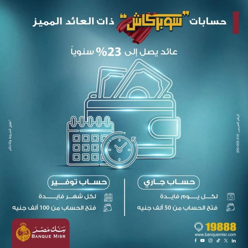 تفاصيل حسابات «سوبر كاش» من بنك مصر بعائد يصل إلى 23%